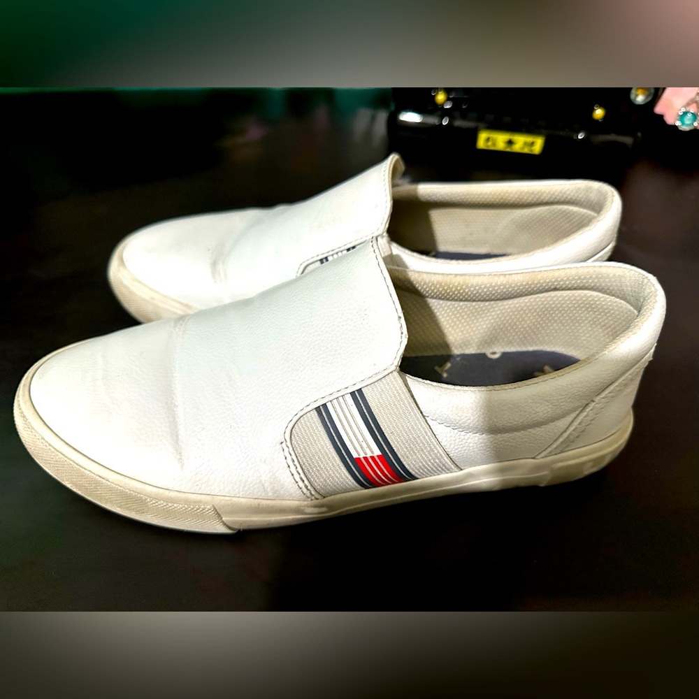 Red white and blue leather Tommy Hilfiger slip ons shoes